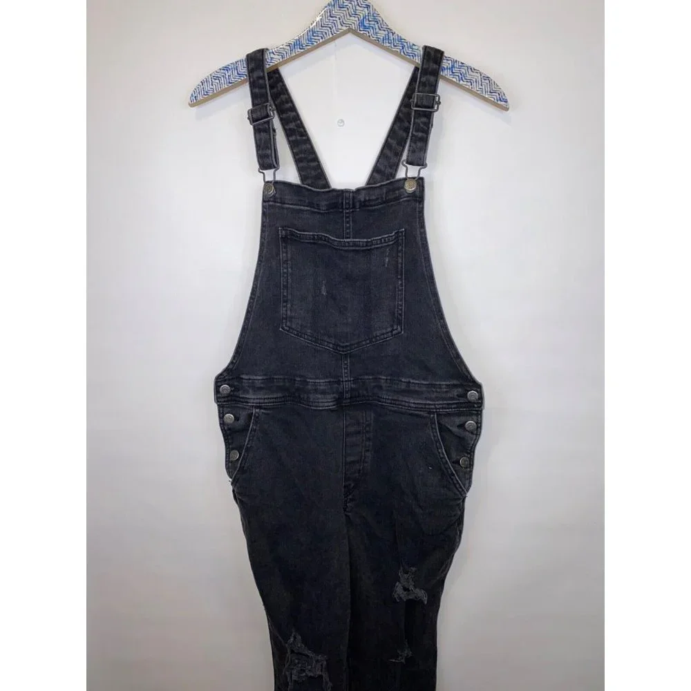 Old Navy Women's Size 12 Petite OG Straight Black Ripped Jean Overalls GUC - Picture 4 of 8